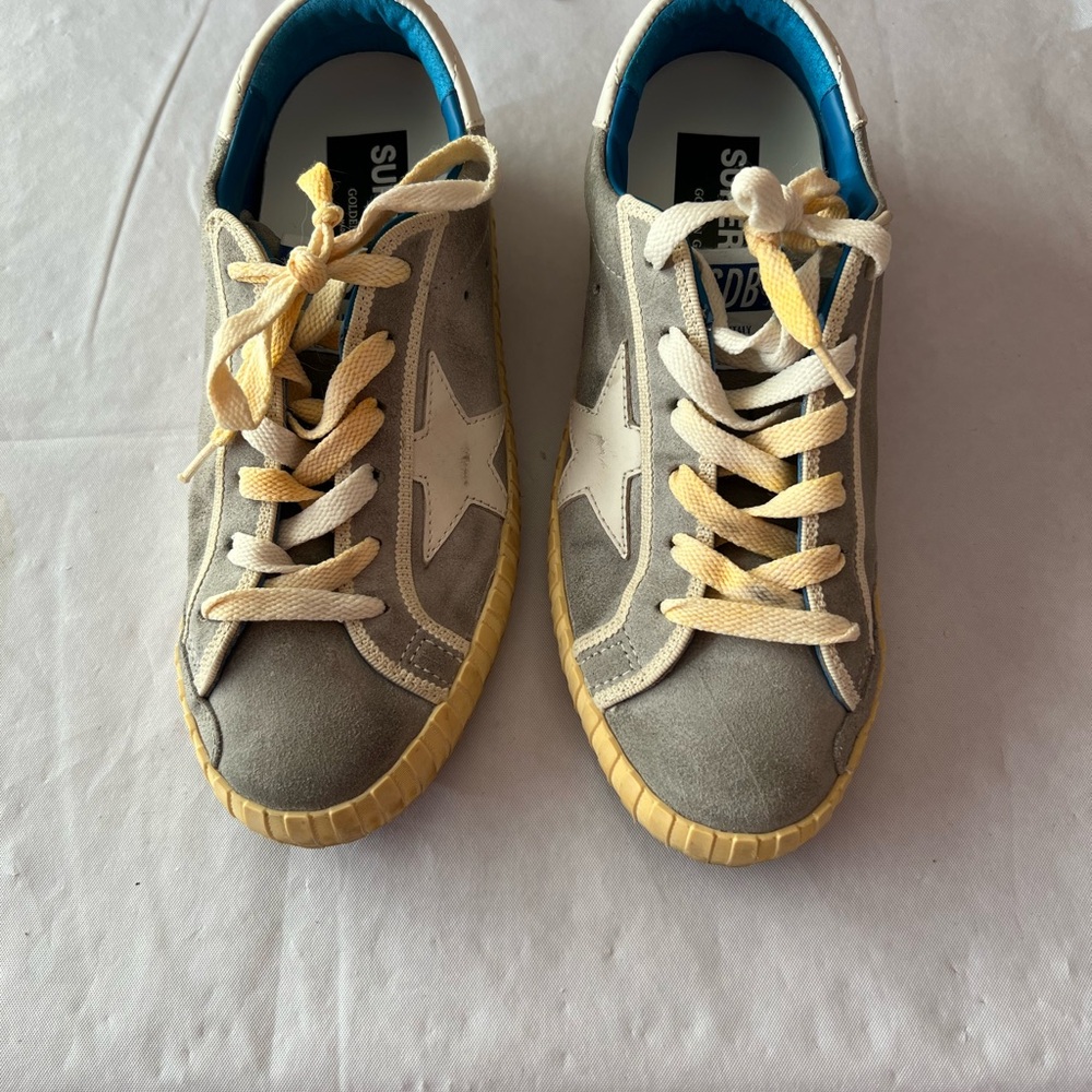 Golden Goose Gray and White Sneakers with Yellow Laces